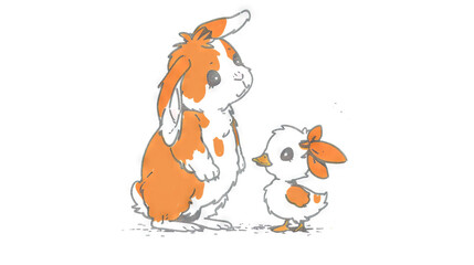   Drawing of two pets, an orange and white dog sitting next to a white duck on a white backdrop