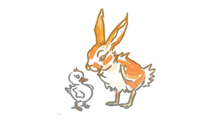   A picture of a bunny and a quack standing together on a white backdrop with an orange border