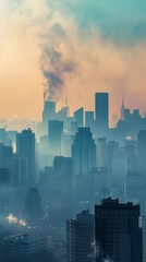 Urban skyline with visible smog, contrasted with a healthy sky graphic, highlighting the impact of ozone preservation