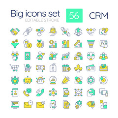 CRM RGB color icons set. Customer satisfaction management. Social marketing, sales forecasting. Isolated vector illustrations. Simple filled line drawings collection. Editable stroke