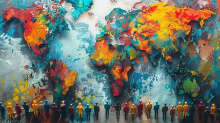 Colorful abstract painting of the world map with a line of toy people standing in front of it.