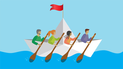 Diversity group with women and men paddling in boat. Dimension 16:9. Vector illustration.
