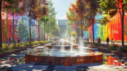 An urban park with a long fountain in the middle and colorful buildings on the sides.
