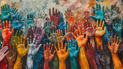 Colorful hands raised in the air.