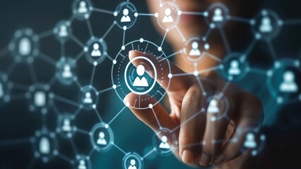 Fototapeta premium Businessman hand touching Virtual screen of Human Resources. Icons about recruiting, technology, data, training.