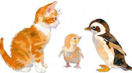 Fototapeta premium A watercolor painting of a cat, bird, and chicks