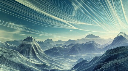 A virtual landscape of mountains and valleys made from layers of firewalls and secure networks, under a sky streaked with data streams, depicting the terrain of internet security.