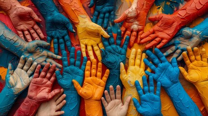 Colorful hands reaching out from a blue background