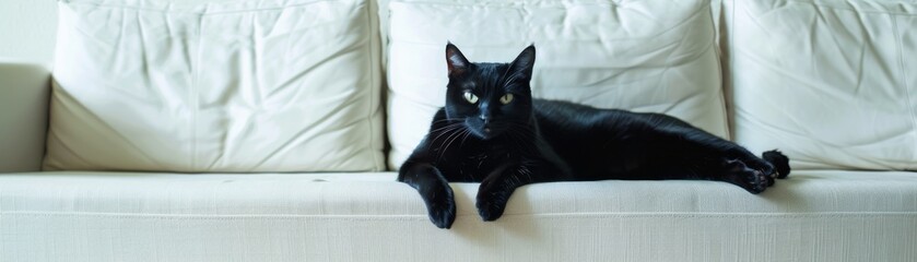 Sleek black cat lounging elegantly on a modern white sofa, symbolizing luxury and comfort in home decor