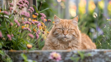 Fototapeta premium Portrait of a majestic orange cat in a garden, flowers in the background, showcasing natural beauty and tranquility