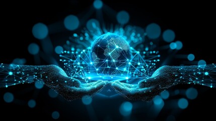Digital technology background with human hands holding a virtual earth and global network connection, an AI robot hand on a digital globe or planet Earth for futuristic concepts.