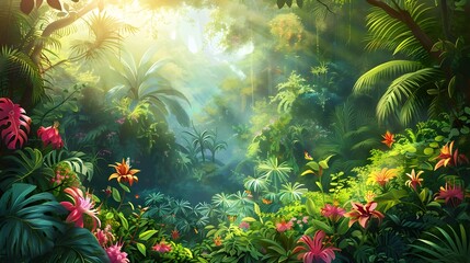 Vibrant Lush Tropical Jungle Landscape with Exotic Foliage and Flowers under Warm Sunlight