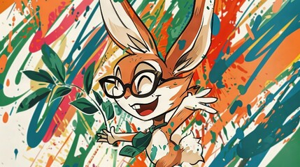   Drawing of a rabbit with plant in front of colorful paint splats on wall