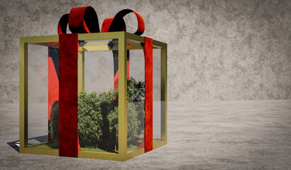 Gift box with a piece of nature in the form of trees in a concrete environment - 3D illustration