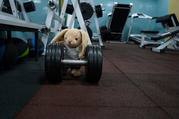 The hare athlete lifts dumbbells in the gym