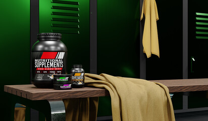various nutritional supplements on a bench in a locker room - 3D illustration