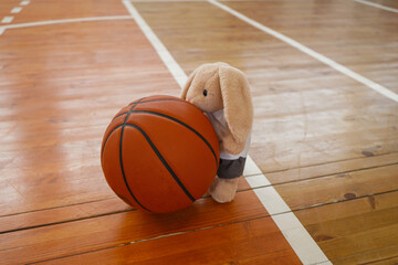 A bunny toy sits with a basketball in the gym