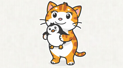   A cat and penguin on a white background with an orange and black cat on its back