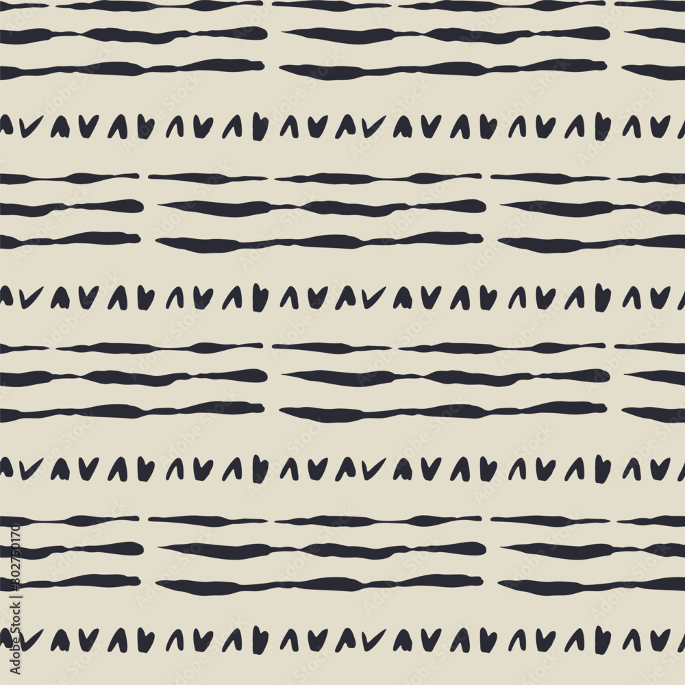 Wall mural Monochrome dark blue and beige seamless pattern with organic sketchy stripes. Vintage folk background. - Wall murals