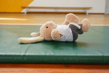A stuffed rabbit does an exercise on a mat in the gym