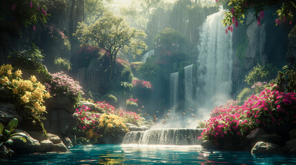 Tranquil waterfall in the middle of the jungle surrounded by lush vegetation