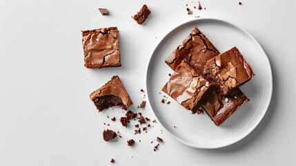Plate with pieces of tasty chocolate brownie on white