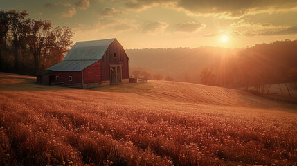 Rural idyll: sunrise over a picturesque farm