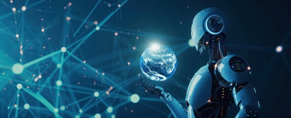 A dark, sleek robot holds a glowing Earth amidst a bokeh background, suggesting the hope of technology in preserving our planet
