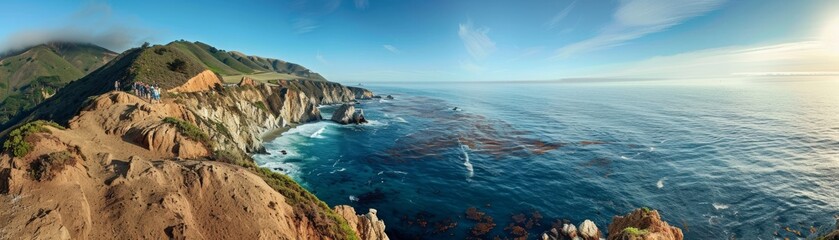 Panoramic view of a cliff overlooking the ocean, with tourists enjoying the vista, expansive and breathtaking