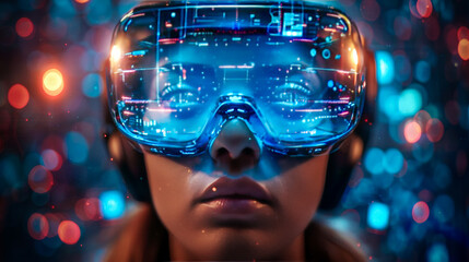 Beautiful futuristic woman wearing virtual reality glasses