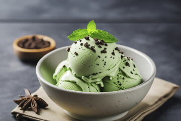 Mint ice cream with chocolate chips on the glazed porcelain cup close-up