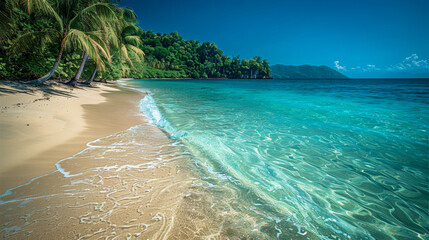 Idyllic paradise: tropical palm trees on the azure ocean under brilliant sunshine