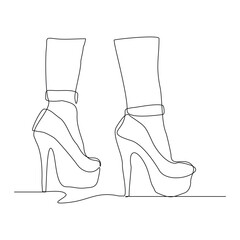 Continuous single line drawing of woman foot wearing high heel high hills shoes. One line art of sport shoes vector illustration