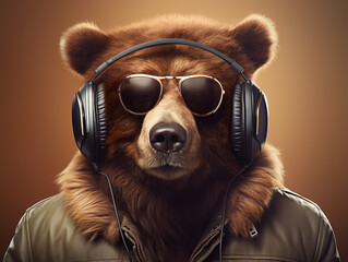 A bear wearing sunglasses and headphones is posing for a photo