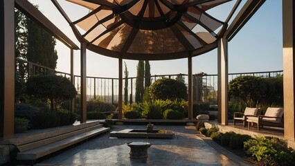 Fototapeta premium A Contemporary Take Amid Futuristic Architectural Arcs, Futuristic Gazebo An Opulent Addition to Contemporary Architectural Buildings, Opulent Gazebo Amid Architectural Arcs A Futuristic Approach 