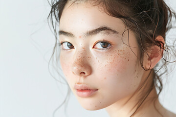 Japanese woman with beige skin spots on her face touching the spot, white background, studio shot, high resolution photography, realistic, high quality photo in the style of an Asian artist.