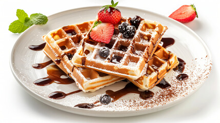 Plate with sweet waffles on white background