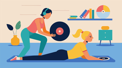 Fototapeta premium Stretching out achy muscles to the tranquil sounds of a vinyl record while the instructor provides encouraging words in a Vinyl Listening Fitness Vector illustration