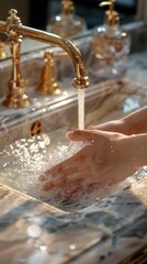 Fototapeta premium Luxury hand soap advertisement, elegant hands washing over a marble sink, highlighting quality and care