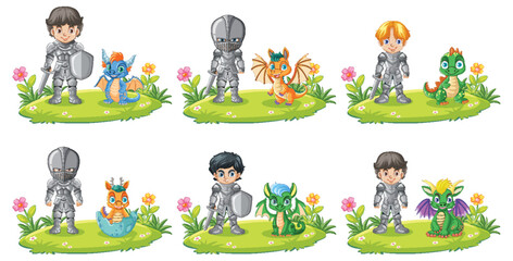 Kids in costumes playing with mythical animals outdoors.