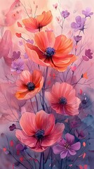 Red poppies and butterflies in watercolor style. Floral background