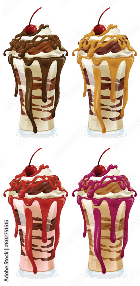 Poster Four milkshakes with various toppings and syrups.