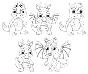 Five adorable baby dragons in various poses.