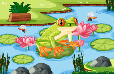 Naklejka premium Colorful frog sitting on lily pad with flowers.