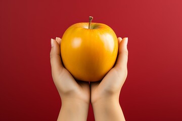 Closeup of female hands holding fresh yellow apple on red background - Powered by Adobe