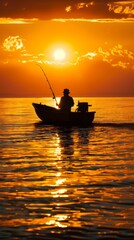 Fisherman at dawn on a calm ocean, silhouette against the rising sun, peaceful and traditional