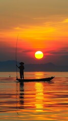 Fisherman at dawn on a calm ocean, silhouette against the rising sun, peaceful and traditional