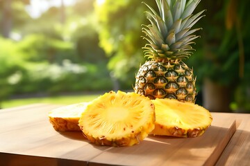 Pineapple slices on a wooden board in the garden. Summer concept - Powered by Adobe