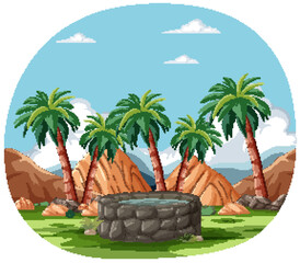Vector illustration of a well in a tropical setting.