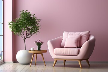 Living room interior with pink armchair, lamp and plant. 3d render
